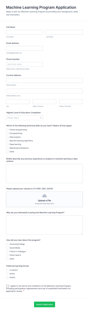 Machine Learning Program Application Form Template
