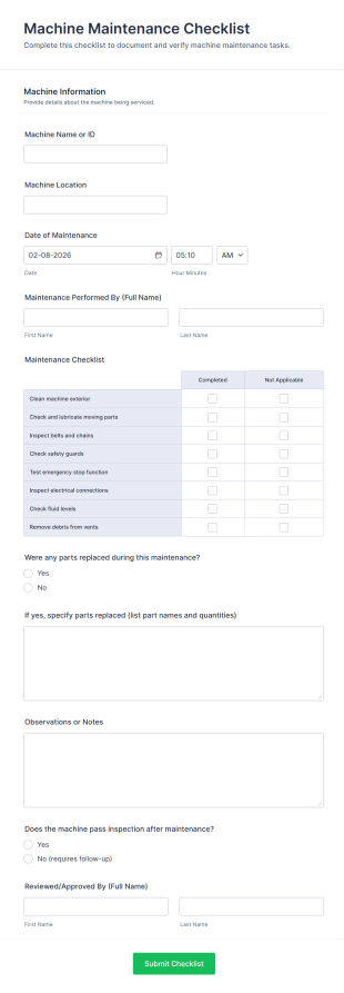 Machine Maintenance Checklist Form Template