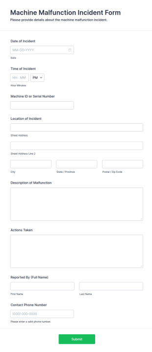 Machine Malfunction Incident Form Template