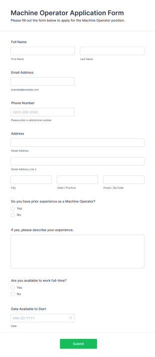 Machine Operator Application Form Form Template