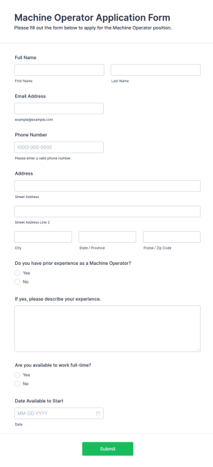 Machine Operator Application Form Template