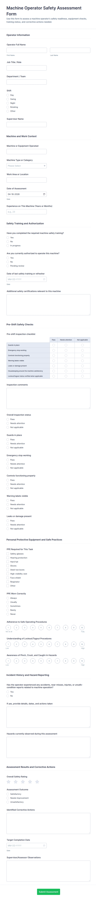 Machine Operator Safety Assessment Form Template