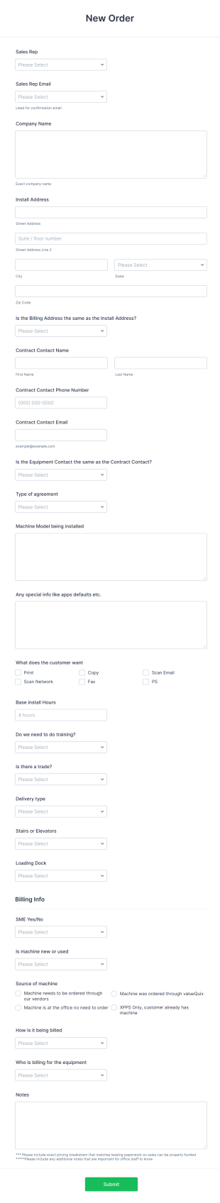 Machine Installation And Order Request Form Template