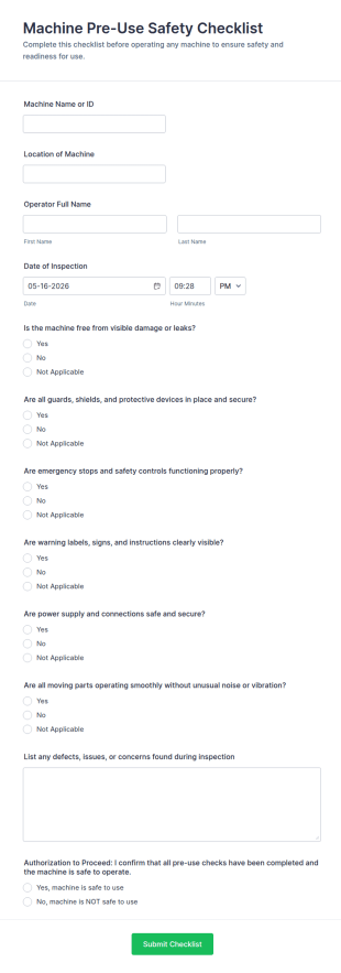 Machine Pre Use Safety Checklist Form Template