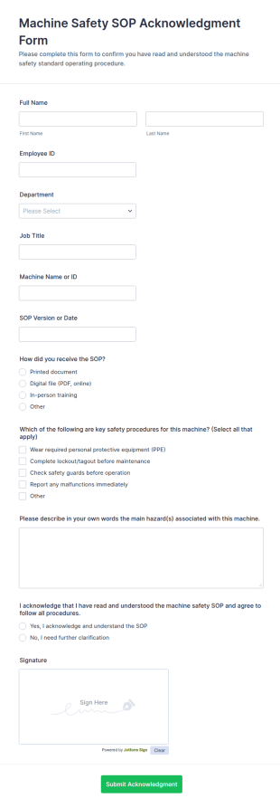 Machine Safety SOP Acknowledgment Form Template