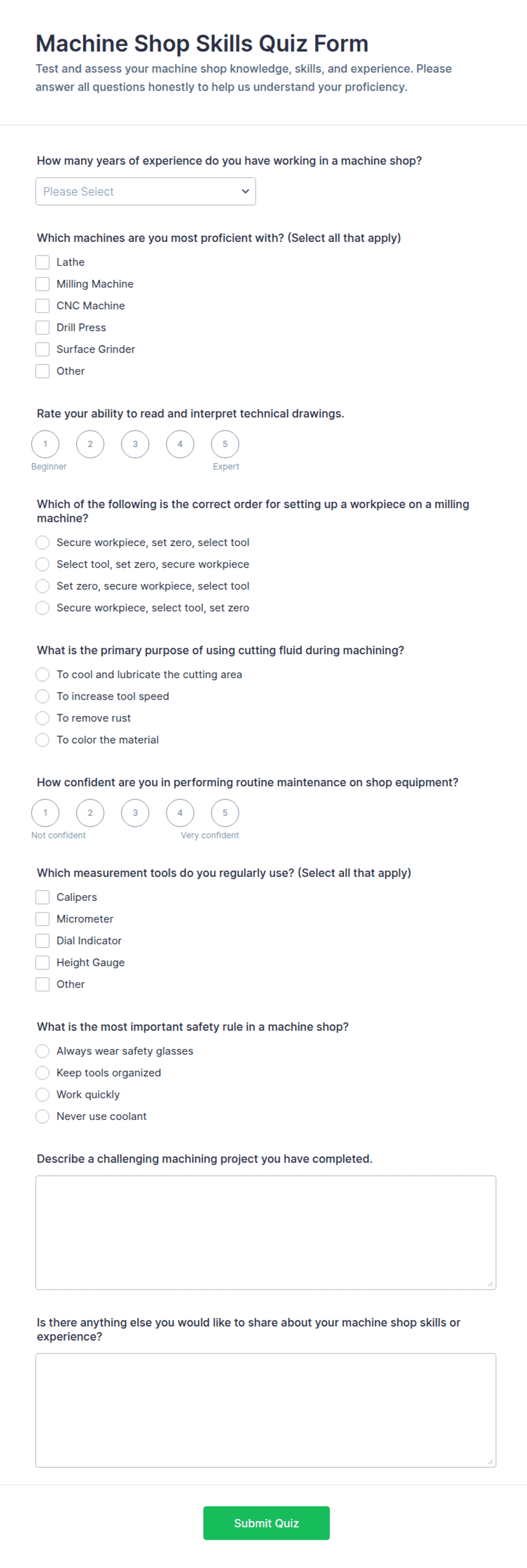 Machine Shop Skills Quiz Form Template | Jotform
