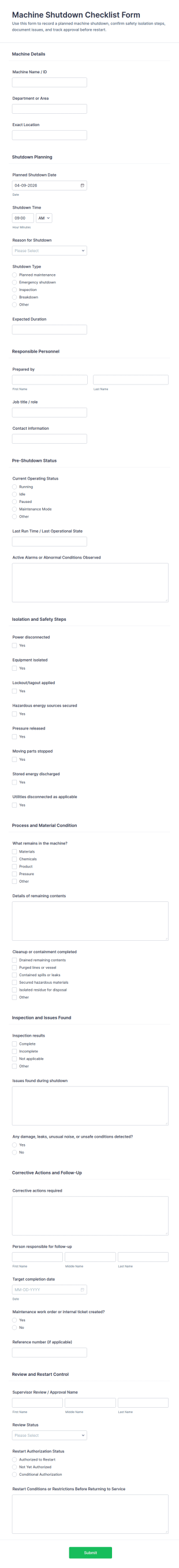 Machine Shutdown Checklist Form Template