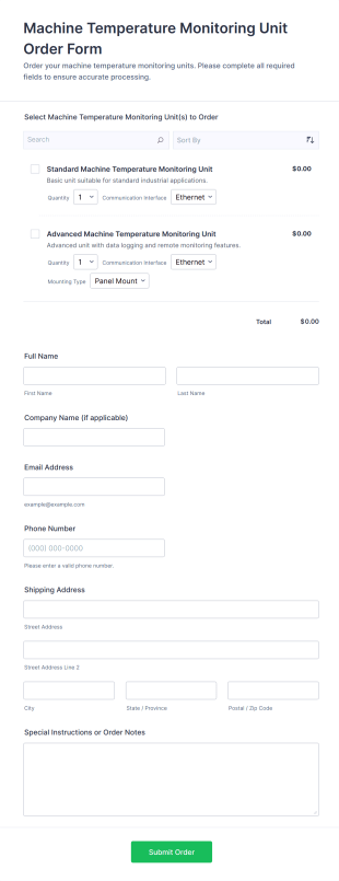 Machine Temperature Monitoring Unit Order Form Template