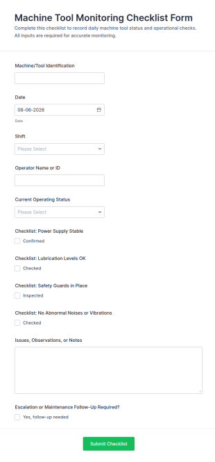 Machine Tool Monitoring Checklist Form Template