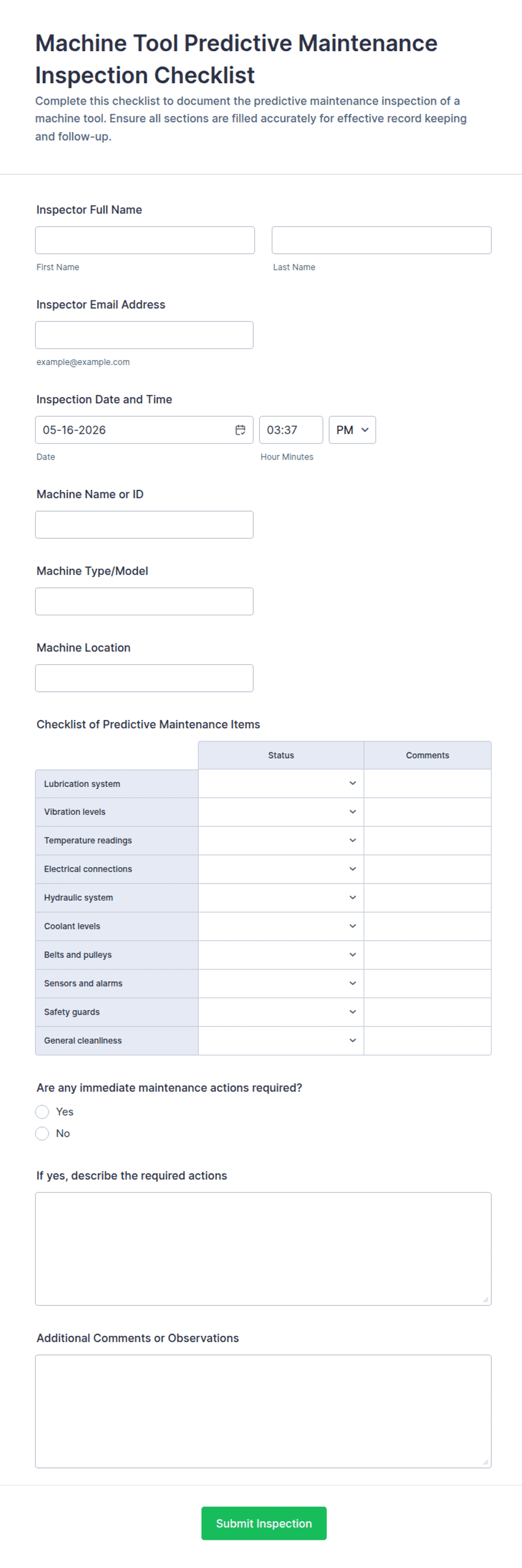 Machine Tool Predictive Maintenance Inspection Checklist Form Template ...