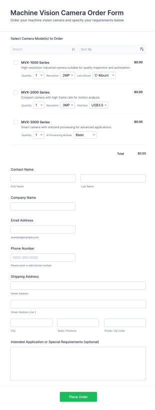 Machine Vision Camera Order Form Template