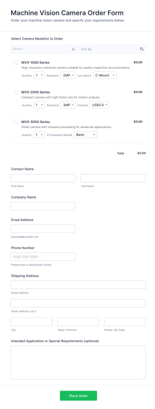 Machine Vision Camera Order Form Template