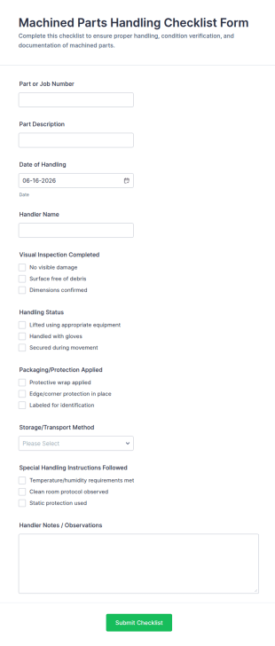 Machined Parts Handling Checklist Form Template