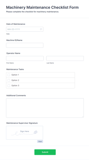 Machinery Maintenance Checklist Form Template
