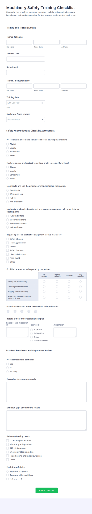 Machinery Safety Training Checklist Form Template