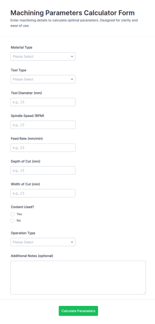 Machining Parameters Calculator Form Template