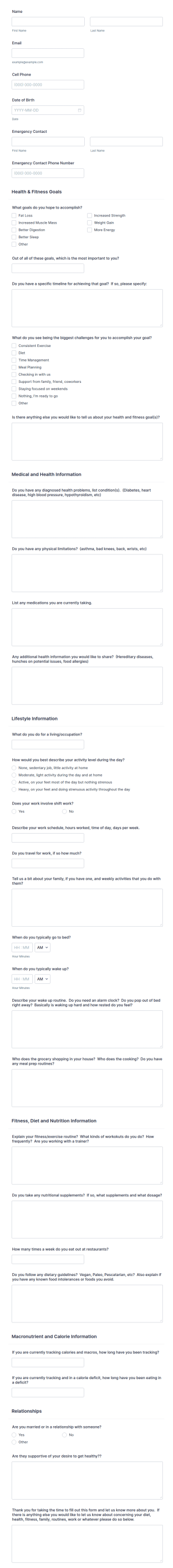Macro Coaching Questionnaire Form Template