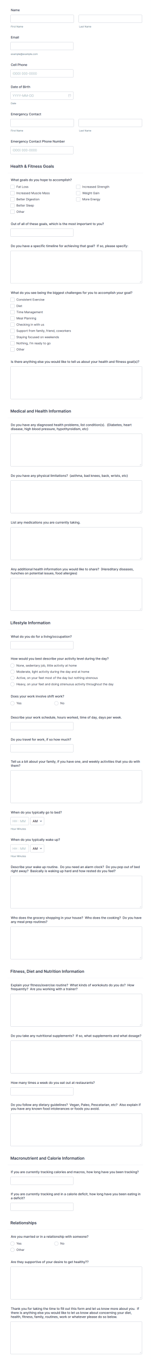 Macro Coaching Questionnaire Form Template