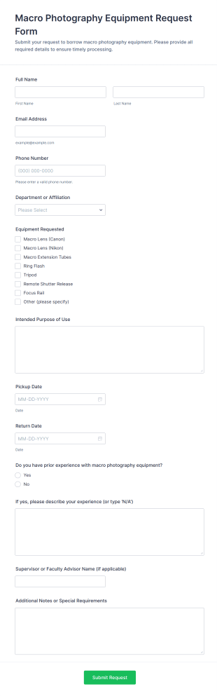 Macro Photography Equipment Request Form Template