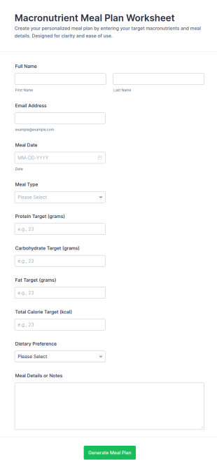 Macronutrient Meal Plan Worksheet Form Template