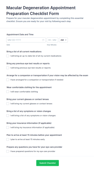 Macular Degeneration Appointment Preparation Checklist Form Template