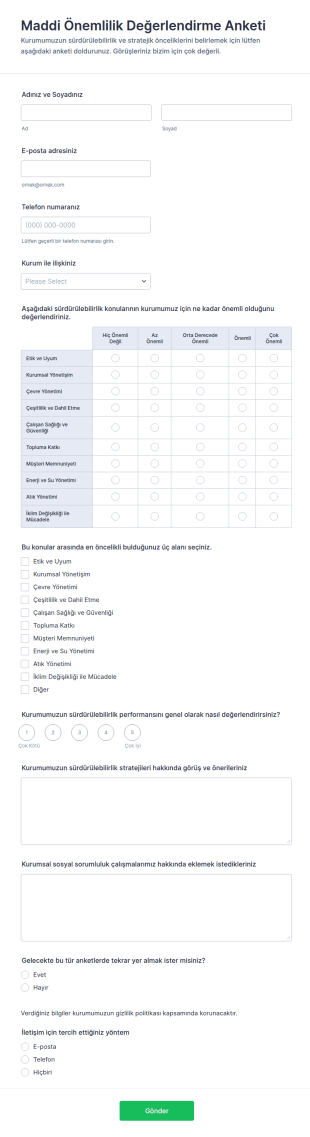 Maddi Önemlilik Değerlendirme Anketi Form Şablonu