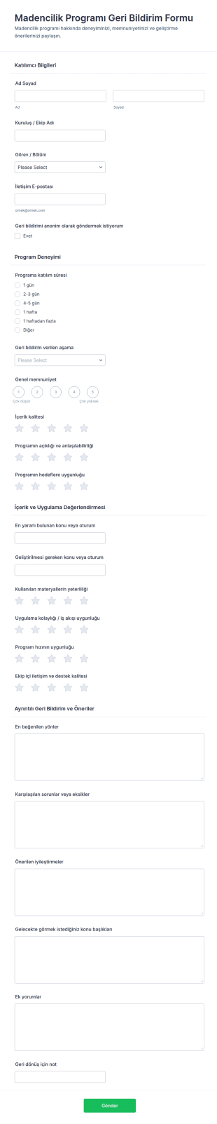 Maden Programı Geri Bildirim Anketi Form Şablonu
