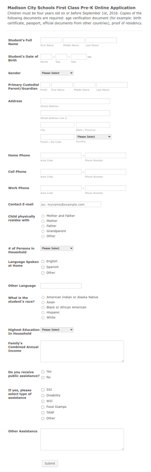 First Class Pre K School Application Form Template