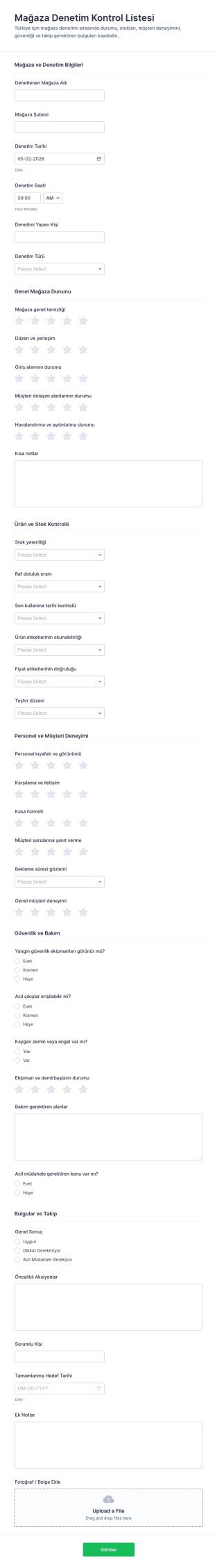 Mağaza Denetim Kontrol Listesi Form Şablonu