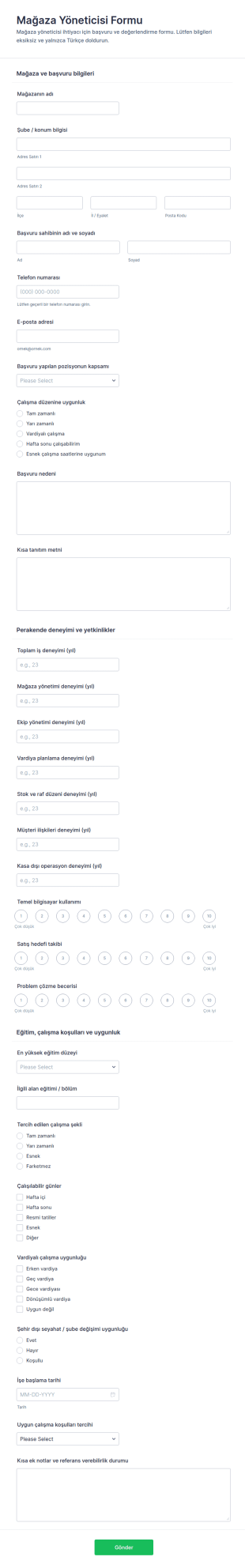 Mağaza Yöneticisi Form Şablonu