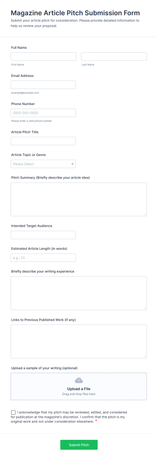 Magazine Article Pitch Submission Form Template