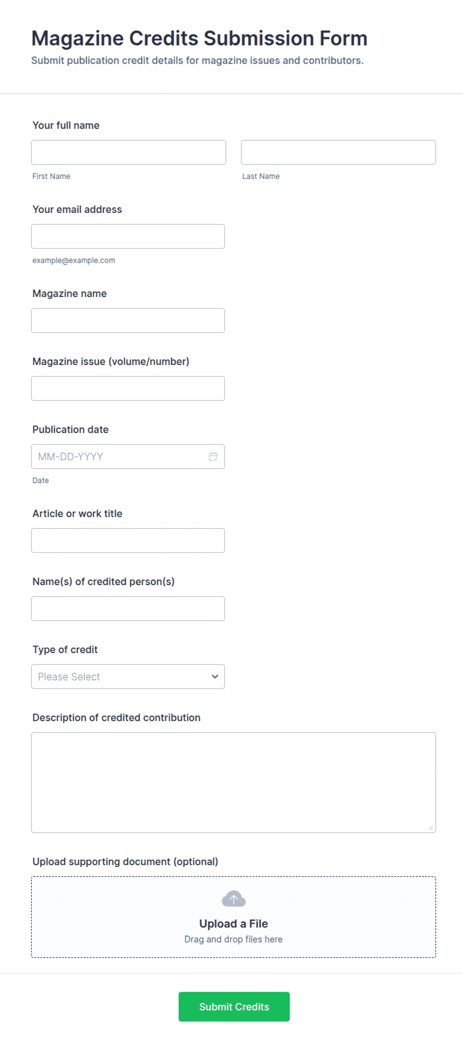 Magazine Credits Examples Magazine Credits Submission Form Template | Jotform
