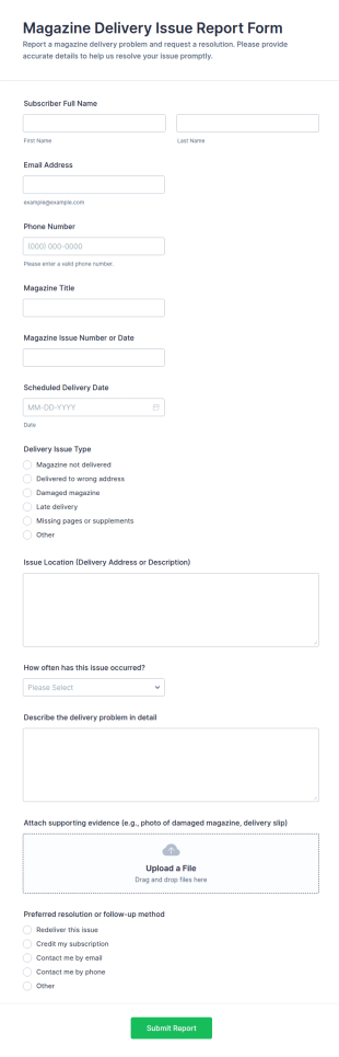 Magazine Delivery Issue Report Form Template