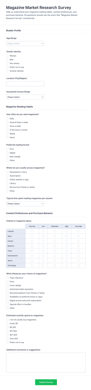 Magazine Market Research Survey Form Template