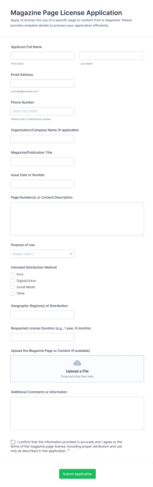 Magazine Page License Application Form Template
