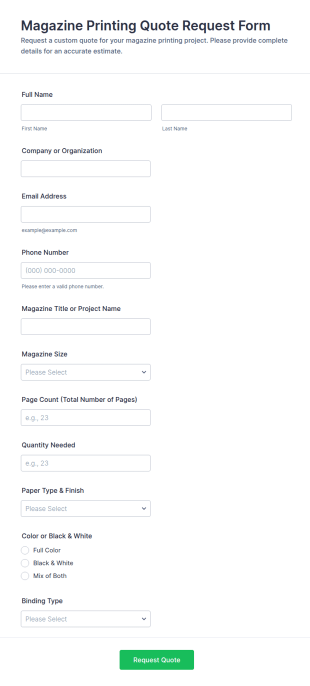 Magazine Printing Quote Request Form Template
