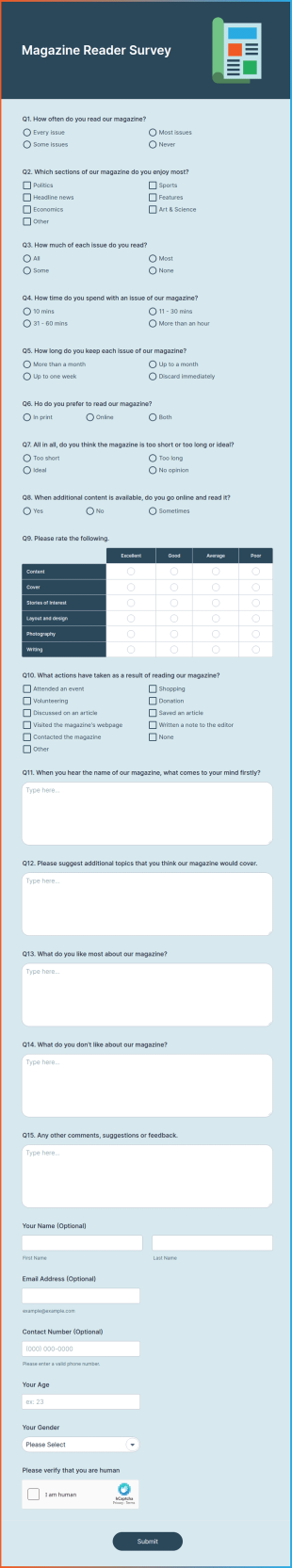 Magazine Reader Survey Form Template
