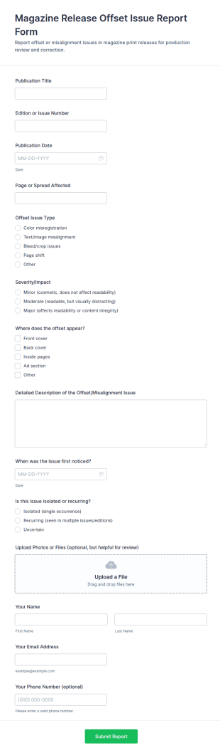 Magazine Release Offset Issue Report Form Template