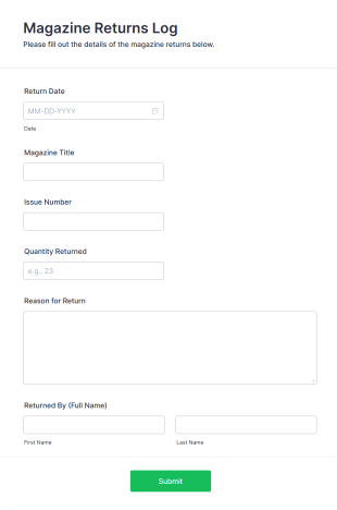 Magazine Returns Log Form Template