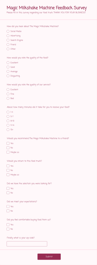 Milkshake Machine Feedback Survey Form Template
