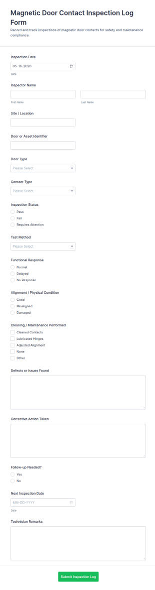 Magnetic Door Contact Inspection Log Form Template