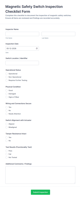 Magnetic Safety Switch Inspection Checklist Form Template