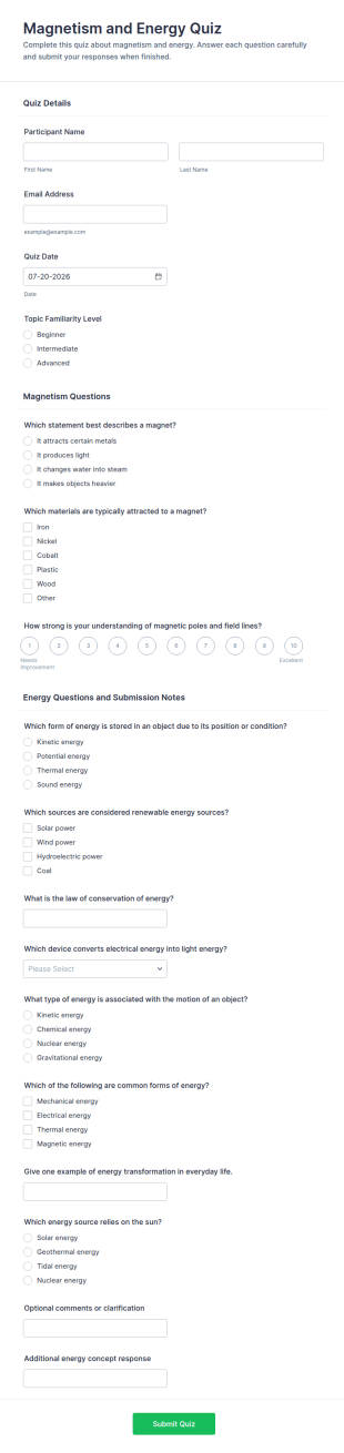 Magnetism And Energy Quiz Form Template