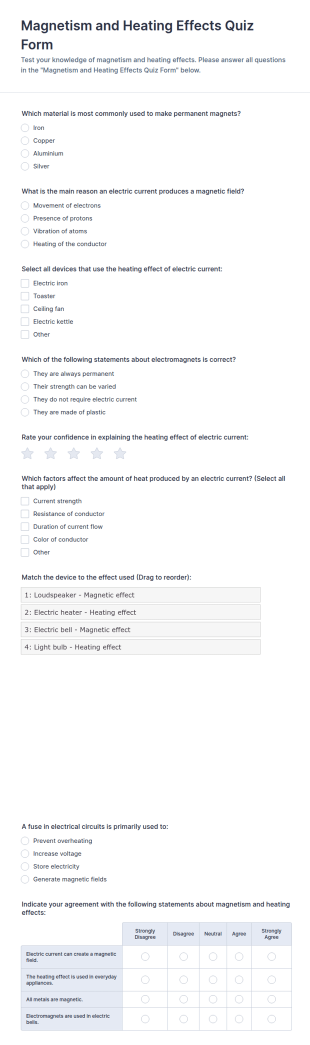 Magnetism And Heating Effects Quiz Form Template