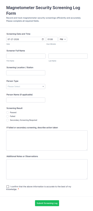 Magnetometer Security Screening Log Form Template