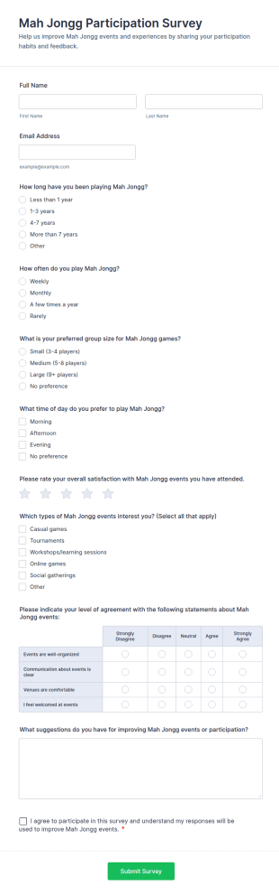 Mah Jongg Participation Survey Form Template