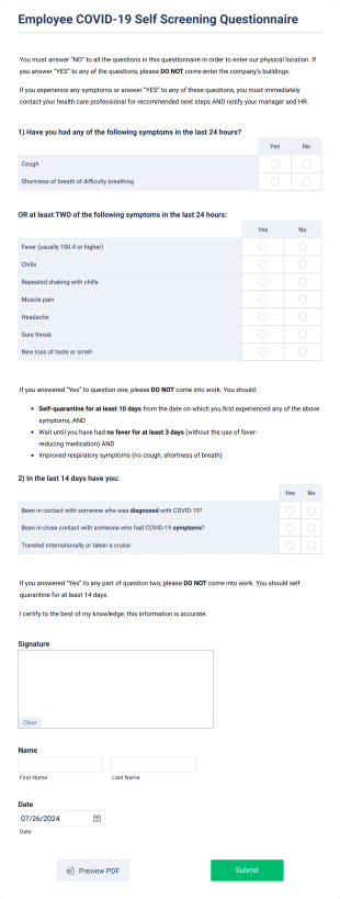 Maha's Employee COVID 19 Self Screening Questionnaire Form Template