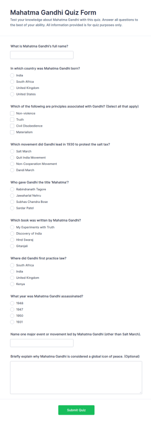 Mahatma Gandhi Quiz Form Template