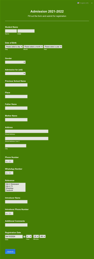 Mahatma Vidyalaya Admission 2021 22 Form Template