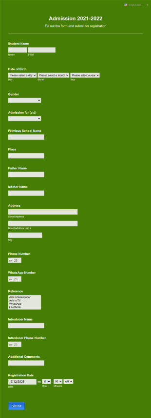 Mahatma Vidyalaya Admission 2021 22 Form Template